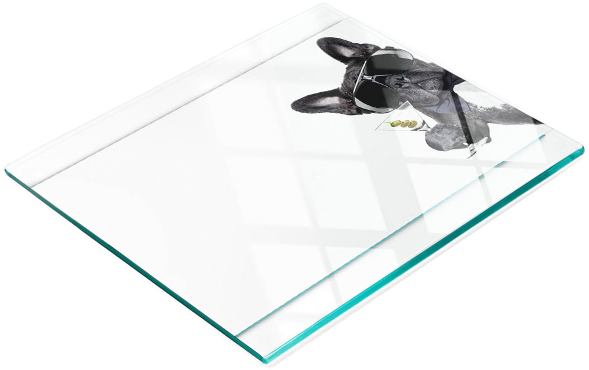 Multifunctionele decoratieve glazen snijplank voor de keuken, Martini Dog, 60x52 cm