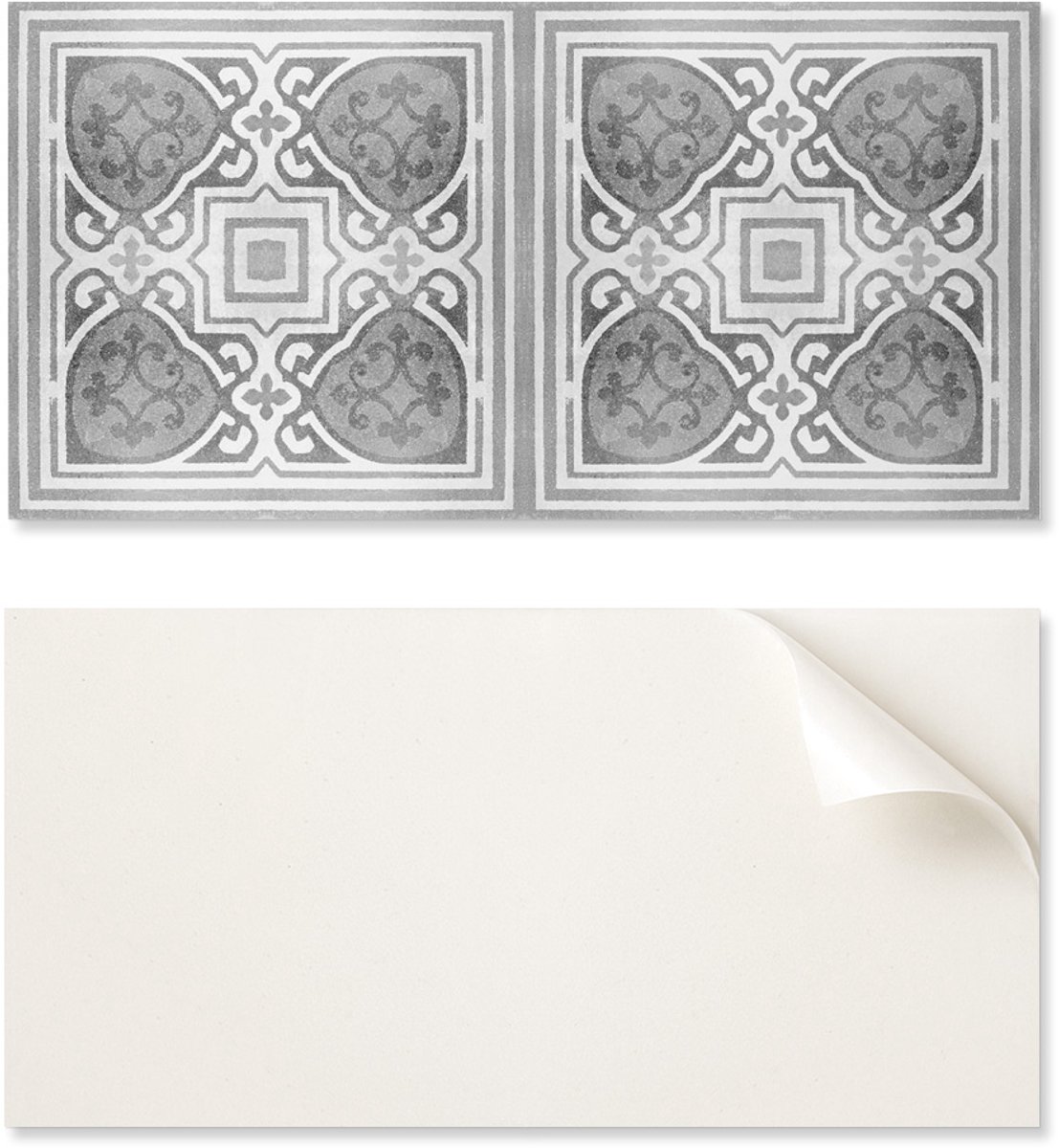 Vinyltegels met grafische print voor de badkamer. Patroon met symmetrische ornamenten, 6x60x30 cm.