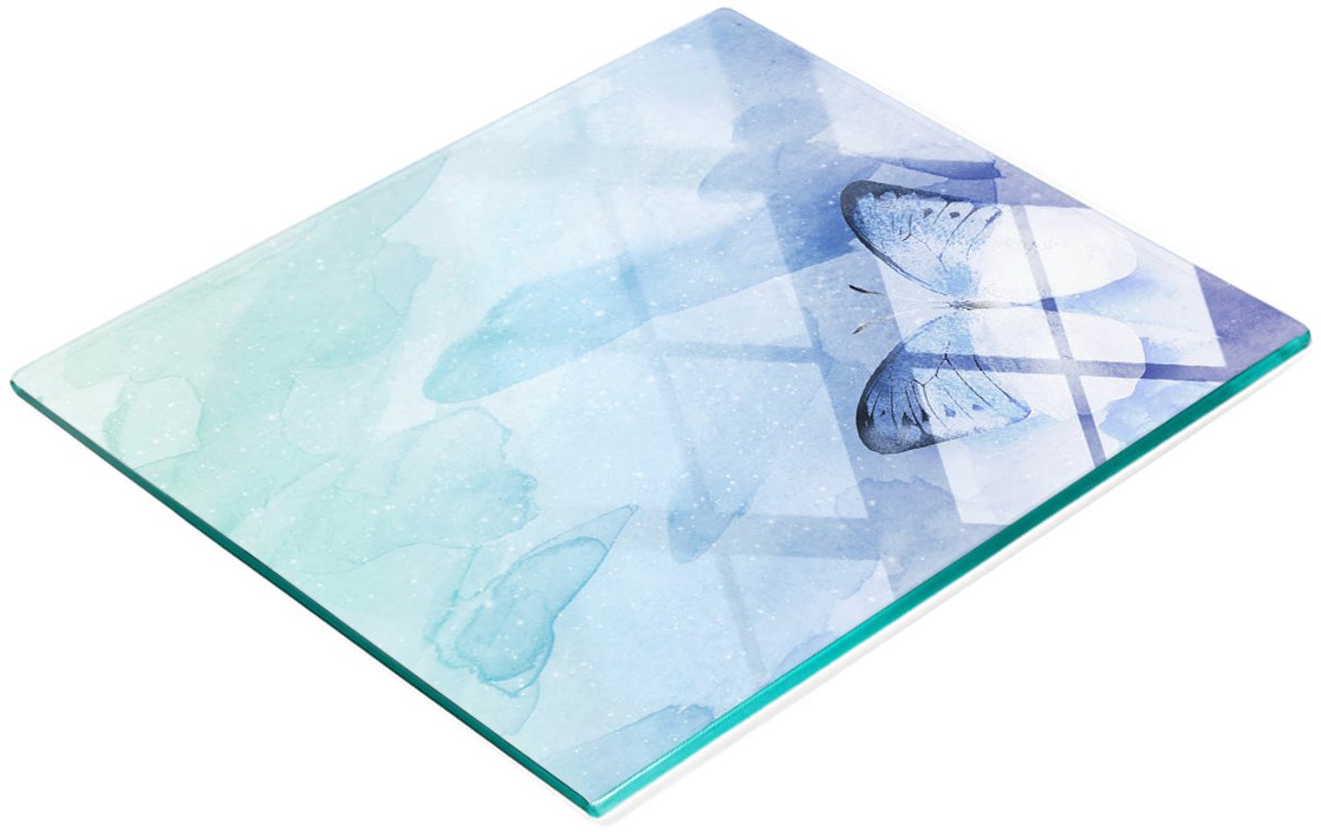 Glazen keukensnijplank met blauwe vlinderprint, 60x52 cm