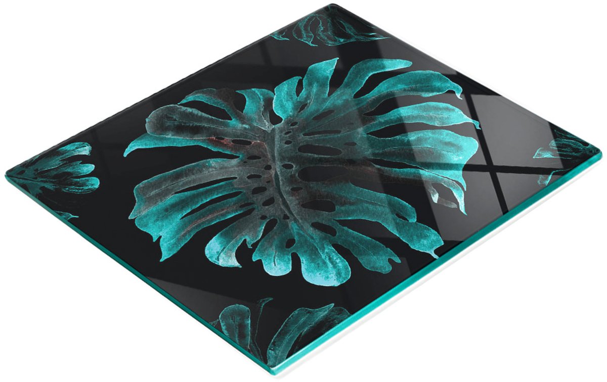 Decoratieve snijplank van gehard glas met tropisch bladmotief, 60x52 cm