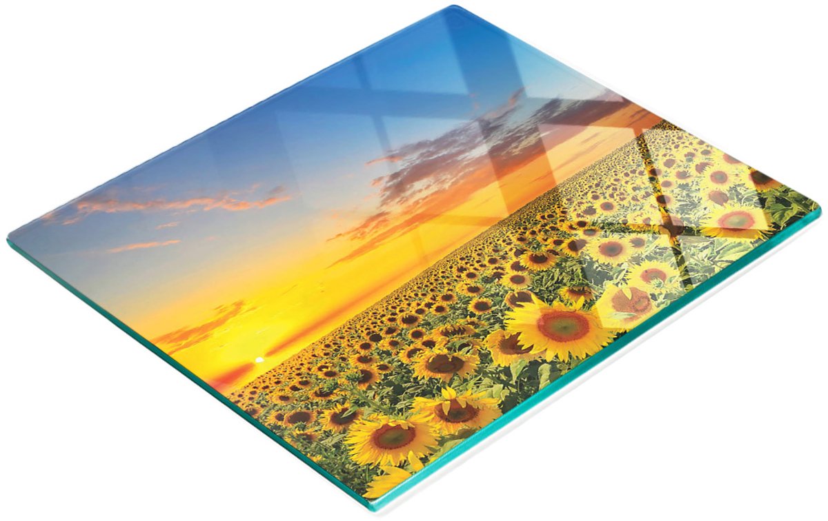 Decoratieve snijplank van gehard glas met zonnebloemmotief, 60x52 cm