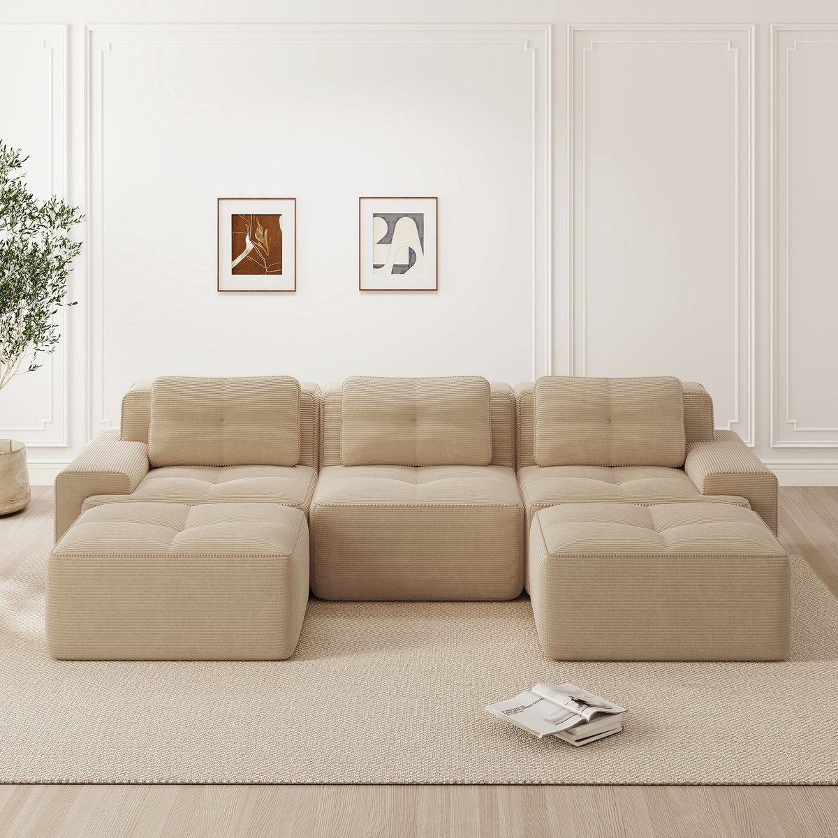 MODFU Modulair U-Vormig Bankstel Met Ottoman - Diepe Zit - Modern - Voor Woonkamer - Ribstof - Beige