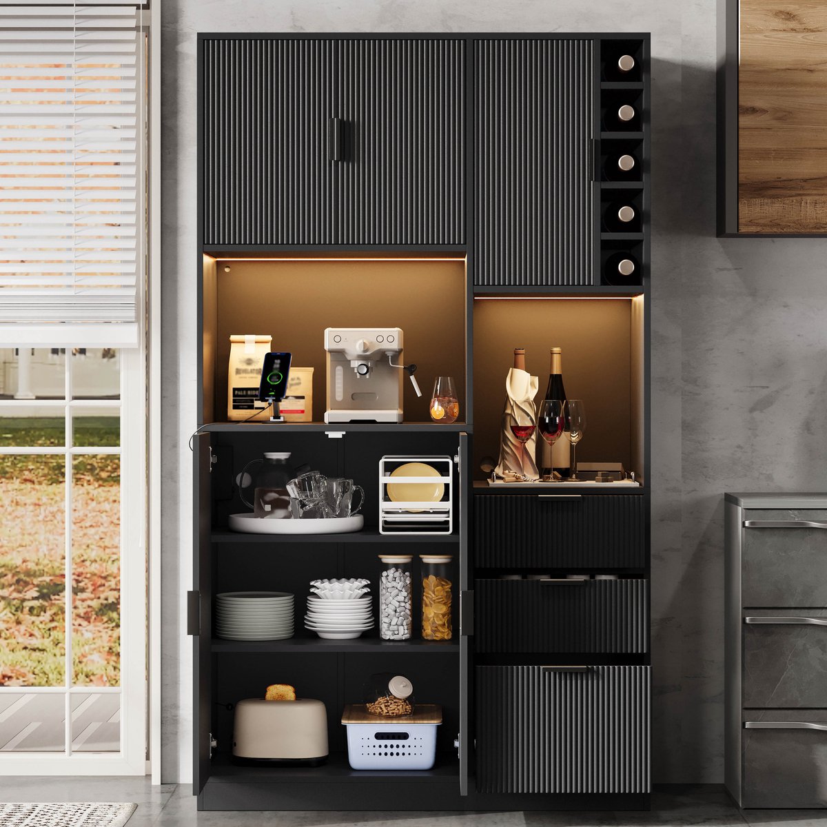 MODFU Buffetkast / Dressoir – 105x40x180 cm – Met wijnrek, glashouder en LED-verlichting – Veel opbergruimte met lades en planken – Voor keuken, woonkamer of eetkamer – MDF – Zwart Zwart (Model 1)