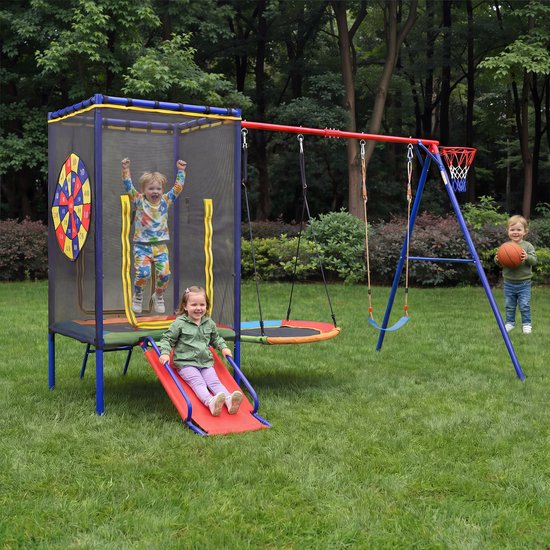 Multifunctionele Outdoor Schommelset voor Kinderen - Speeltoestel met Trampoline, Schommel, Glijbaan en Basketbalring - met Veiligheidsnet en Nestschommel