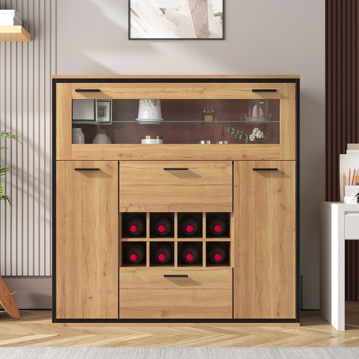 MODFU Wijnkast - Met Dubbele Deuren En Glazen Tussenwand - Modern - Voor Woonkamer - Spaanplaat - Naturel En Zwart - 110 x 38 x 111 cm Natuurlijk