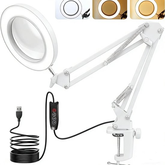 Loeplamp met led verlichting-staande loeplamp met verlichting-Bureaulamp met ingebouwd vergrootglas - 10x vergrootglaslamp - ondersteunt 3 kleurmodi en 10 dimniveaus - wit