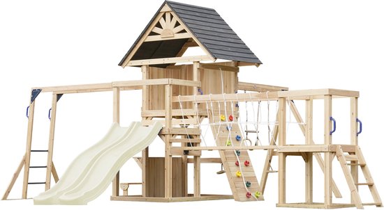 AXI Hunter Aire de jeux avec balançoires, portique, pont suspendu et plusieurs plateformes – Double toboggan crème – Bois 100 % FSC – Aire de jeux pour le jardin / l'extérieur