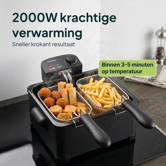 Frituurpan - 5 Liter - 3 Manden - Kijkvenster - Friteuse - Koude Zone - Zwart- Vivid Green