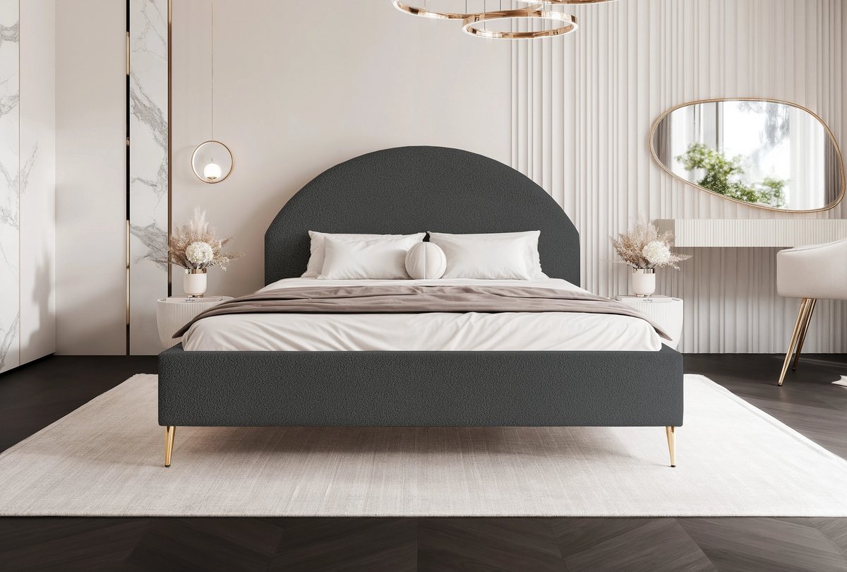 Laura Gestoffeerd Opbergbed 200x200 cm – Luxe Bouclé Tweepersoons Bed met Lattenbodem en Opbergruimte – Modern Design met Halfrond Hoofdbord & Gouden Poten – Grijs – Velora Luxe Storage Bed – Laura