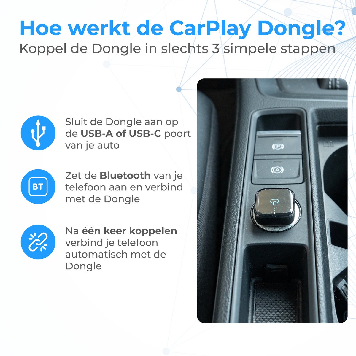 Draadloze CarPlay Dongle USB & USB-C, Bluetooth, WiFi 6, Android Auto en CarPlay, compacte auto adapter - Afbeelding 4