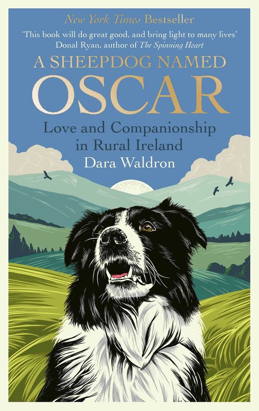 Boekomslag 'A Sheepdog Named Oscar' met een bordercollie, landschap met glooiende groene heuvels, blauwe lucht en een zon.