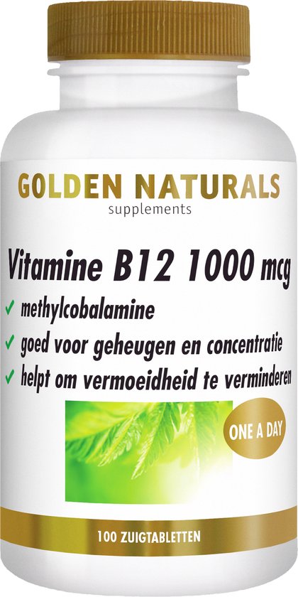 Golden Naturals Vitamine B12 1000 mcg, 100 zuigtabletten, goed voor geheugen en concentratie, helpt vermoeidheid te verminderen.