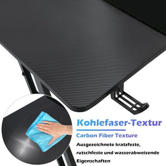 Gaming Bureau 120x60 cm met Koolstofvezel Coating - Ergonomische Computertafel Zwart — afbeelding 4