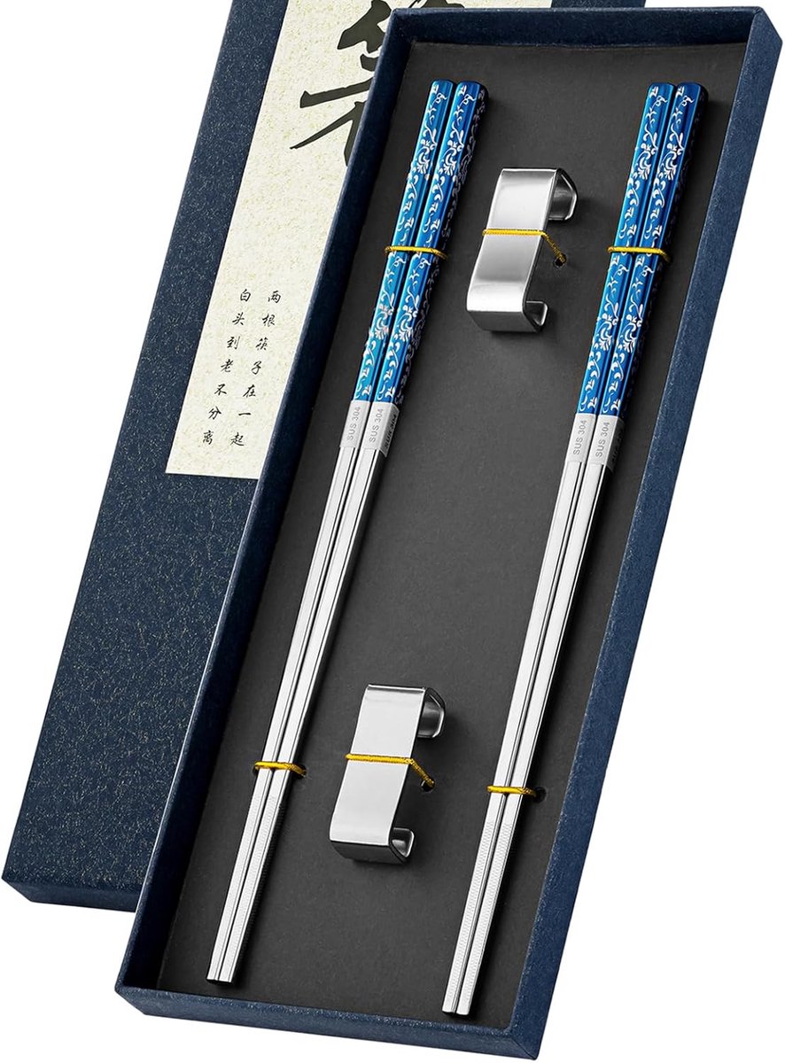 Herbruikbare metalen eetstokjes set van 2 paar, RVS, antislip, inclusief houder