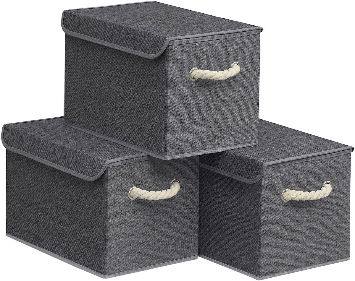 Songmics Opbergbox - Opbergdoos - Deksel - 3-Delige Set - Opvouwbaar - Kast Slaapkamer Woonkamer Leigrijs