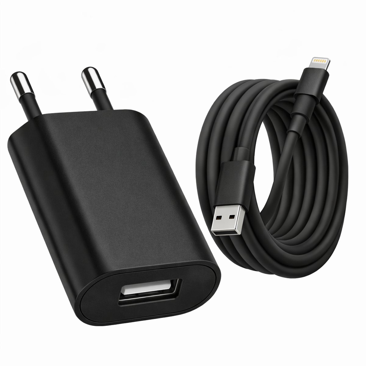 Gmedia USB-A Oplader met Lightning Kabel 1m – USB Adapter / USB Lader – Geschikt voor iPhone 5 t/m 14 & iPad (Lightning) – Zwart
