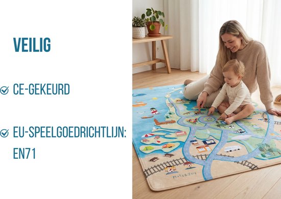 Een moeder en baby spelen op een speelmat met wegen, huizen en treinsporen. "Veilig, CE-gekeurd"