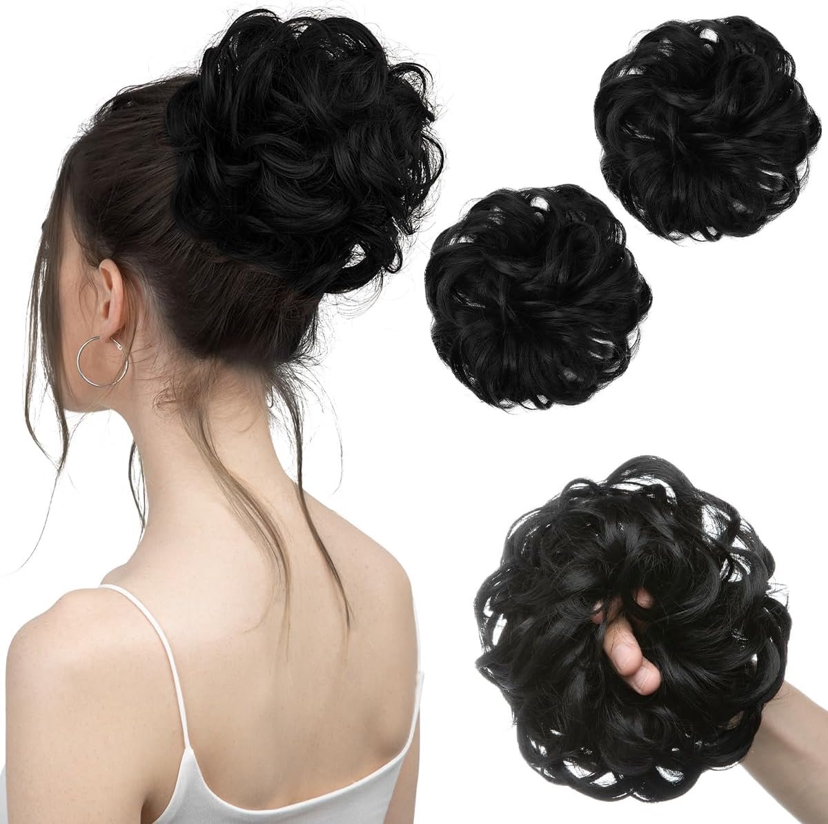 2 stuks Rommelige Haar Knot Haarextensie Scrunchie Donker Zwart voor Vrouwen