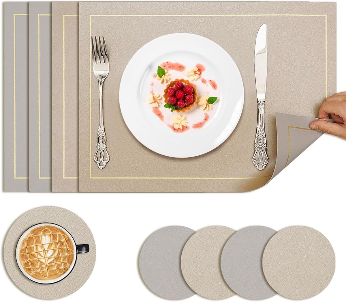 Set van 4 Dubbelzijdige Placemats met Onderzetters, Tafelbescherming Lederlook