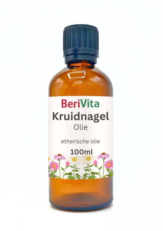 Bruine Berivita 100ml fles etherische kruidnagelolie met een etiket met bloemen en tekst.