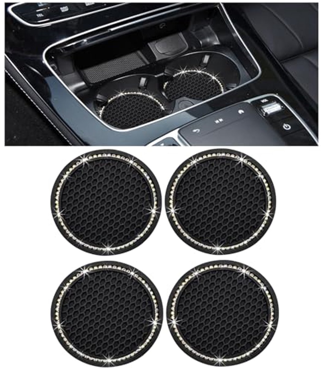 Ultiluxe® Auto Onderzetters met Strass - 4 Stuks - Bekerhouder Onderzetters - Auto Accessoires - 7 cm - Antislip - Strass Steentjes - Hittebestendig - Zwart