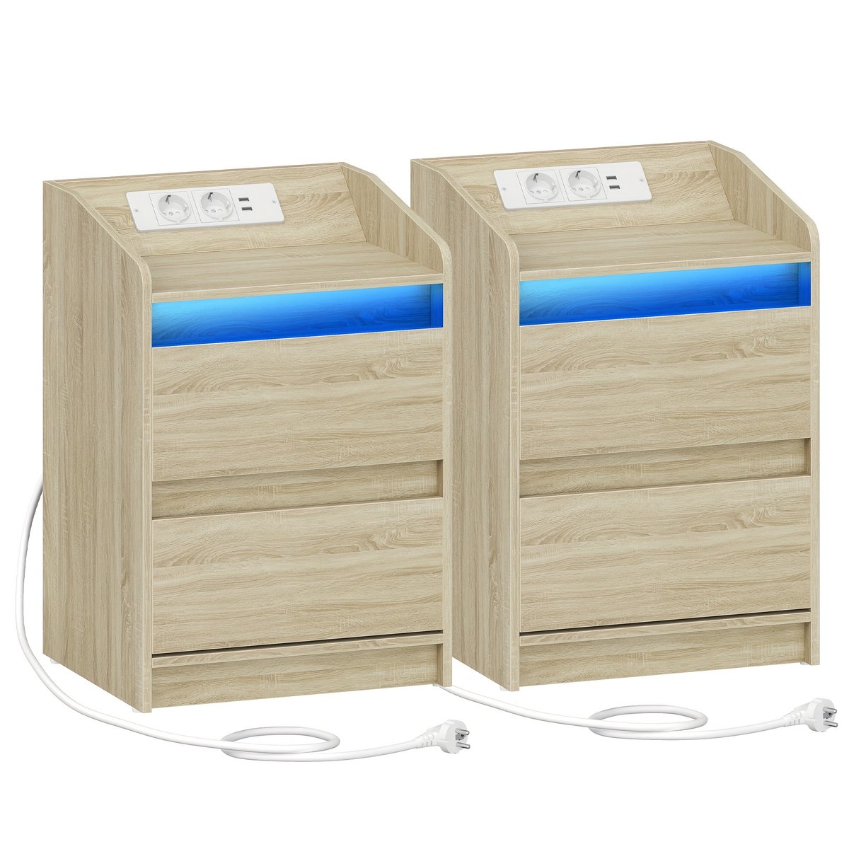 Nachttafel-Set van 2 nachtkastjes met LED-verlichting en stekkerdoos-2 lades en 1 open vak- voor slaapkamer, woonkamer- modern-Eiken Kleur.