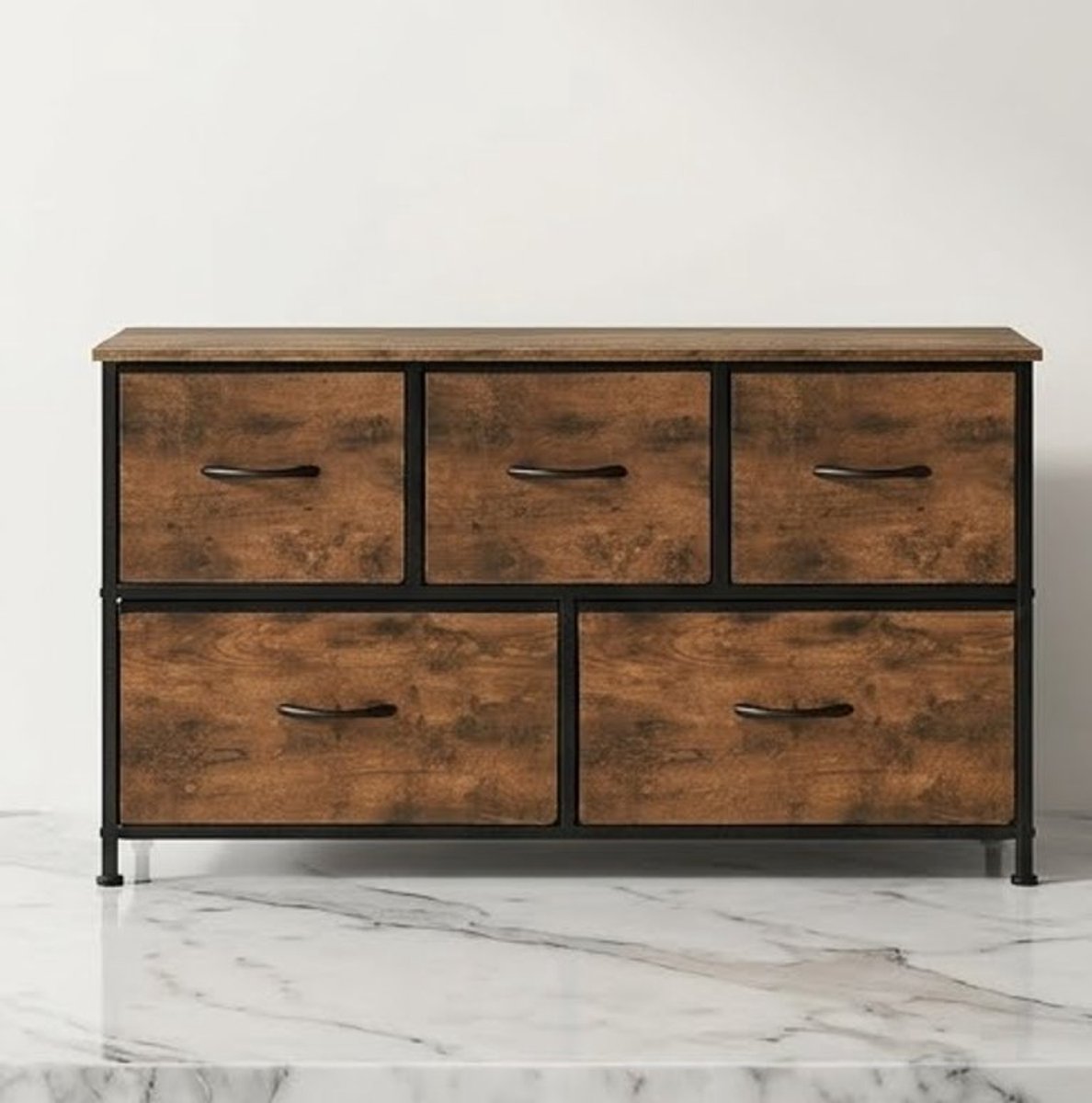 Urban Edge Commode 100 cm – Industriële Ladekast met 5 stoffen Lades – TV Meubel / Dressoir Vintage Bruin Zwart Casa Serena