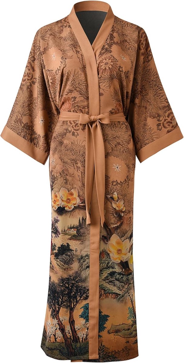 Lange Dames Kimono Badjas met Bloemmotief Elegant en Comfortabel