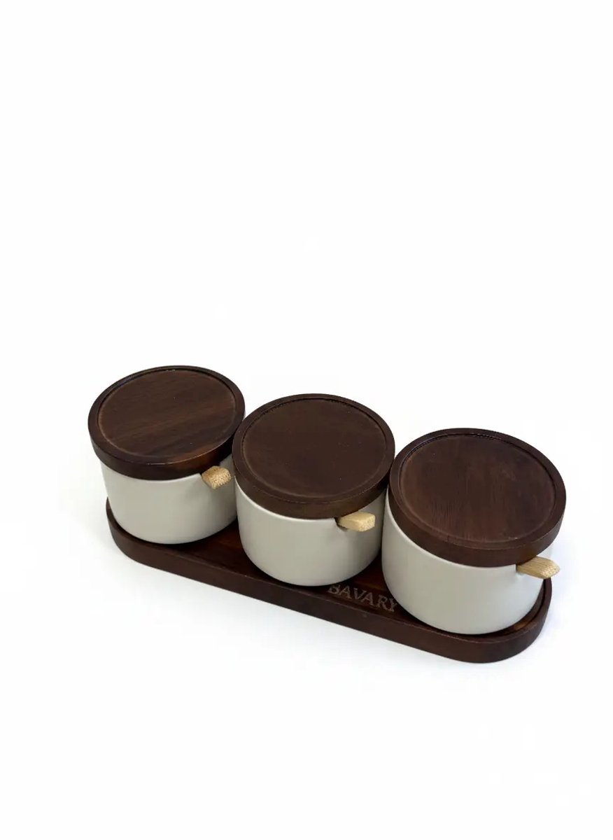 Terra - kruidenpot set - 4-delig - keramiek wit - acaciahout - bamboe lepels - luchtdicht