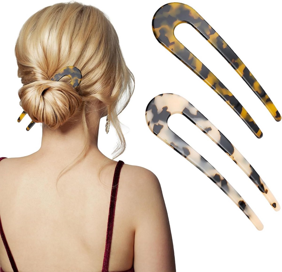 Set van 2 U-vormige Haarspelden voor Chignon - Acetate Schildpadpatroon