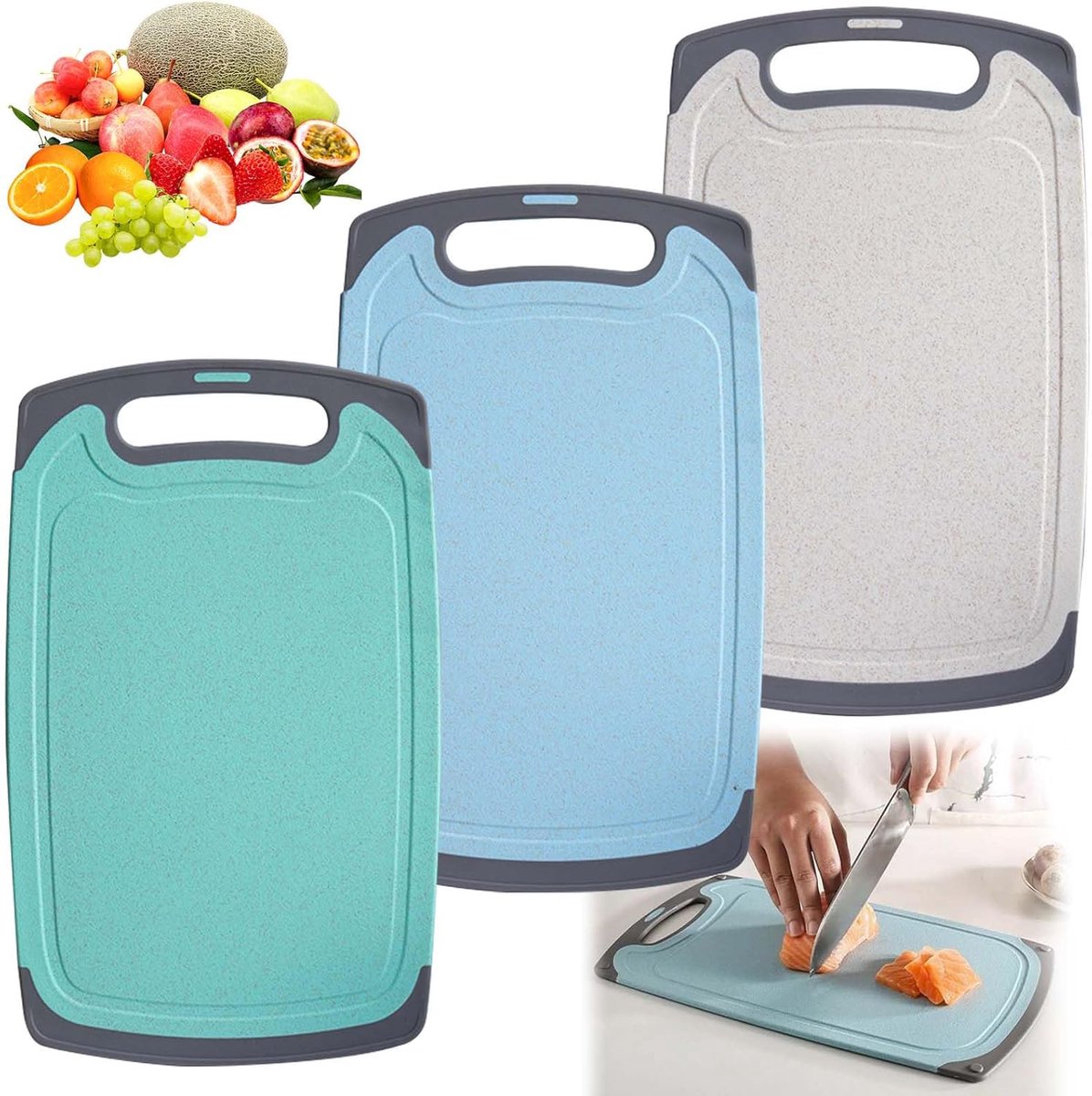 3-delige antibacteriële snijplankenset met antislip voor keuken, fruit en groenten