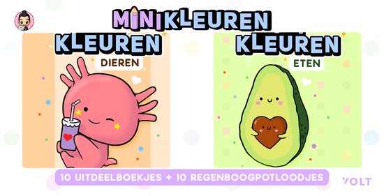 Minikleuren met een roze axolotl die een drankje drinkt en een avocado met een hartje, met de tekst 'DIEREN KLEUREN' en 'ETEN KLEUREN'.