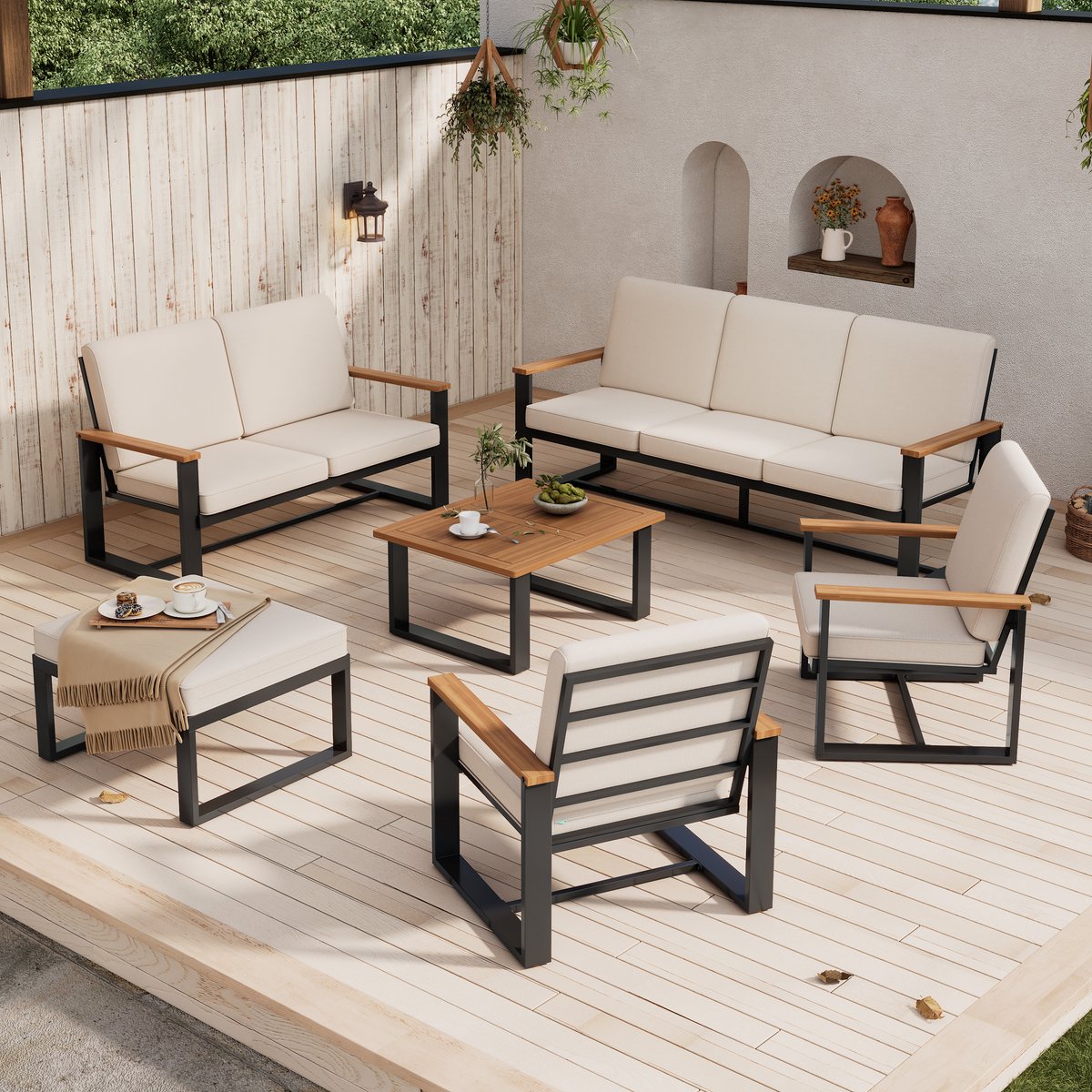 Tuinmeubelset - tuinstoel set voor ontspanning - 1 driezitsbank - 1 tweezitsbank - 2 eenpersoonsbanken - salontafel en voetenbank - beige