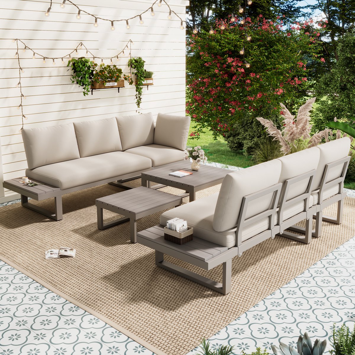 Tuinmeubelset - hoeksalon - met verstelbare kantelfunctie - tafelblad van kunststof hout - met twee koffietafels - beige en khaki