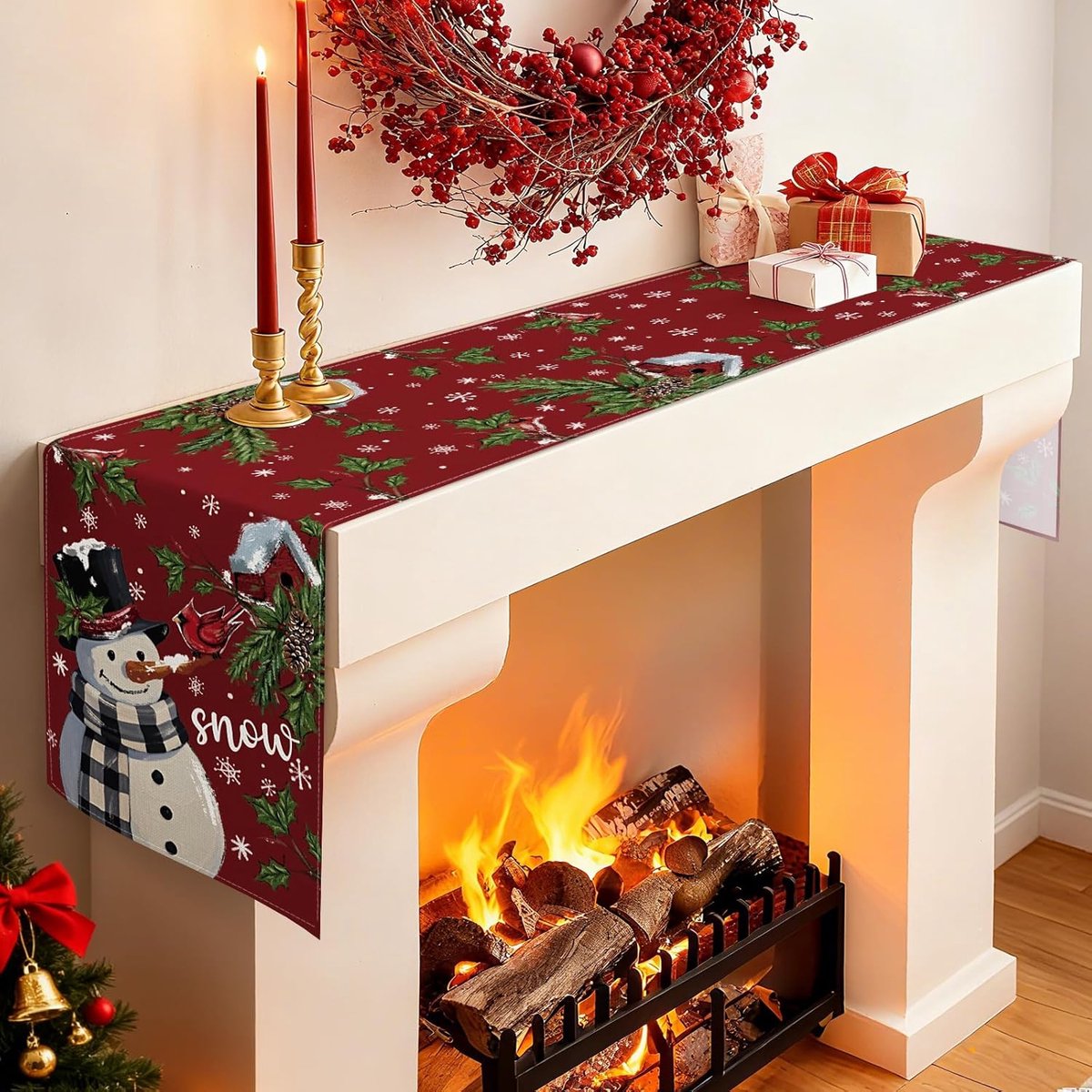 Feestelijke Tafelloper voor Eettafel en Keuken - Sneeuwpop & Vogels Decor