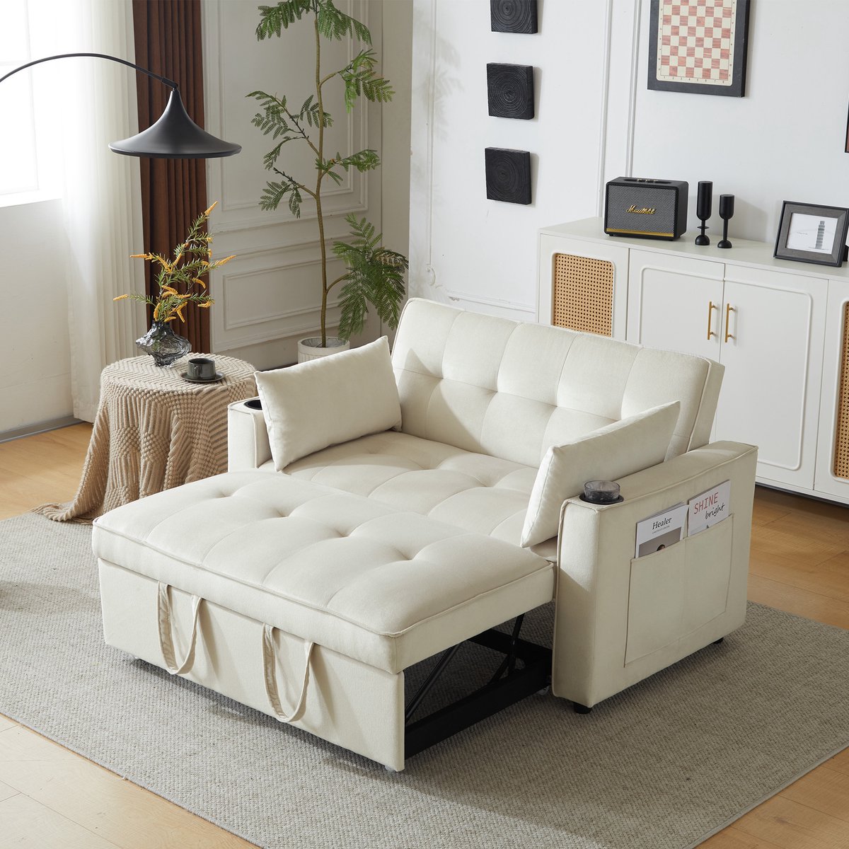 FloraGrace Slaapbank 2 Zits Met 3 Standen Rugleuning En Uitschuifbed, Met Bekerhouders – Fluweel – Beige