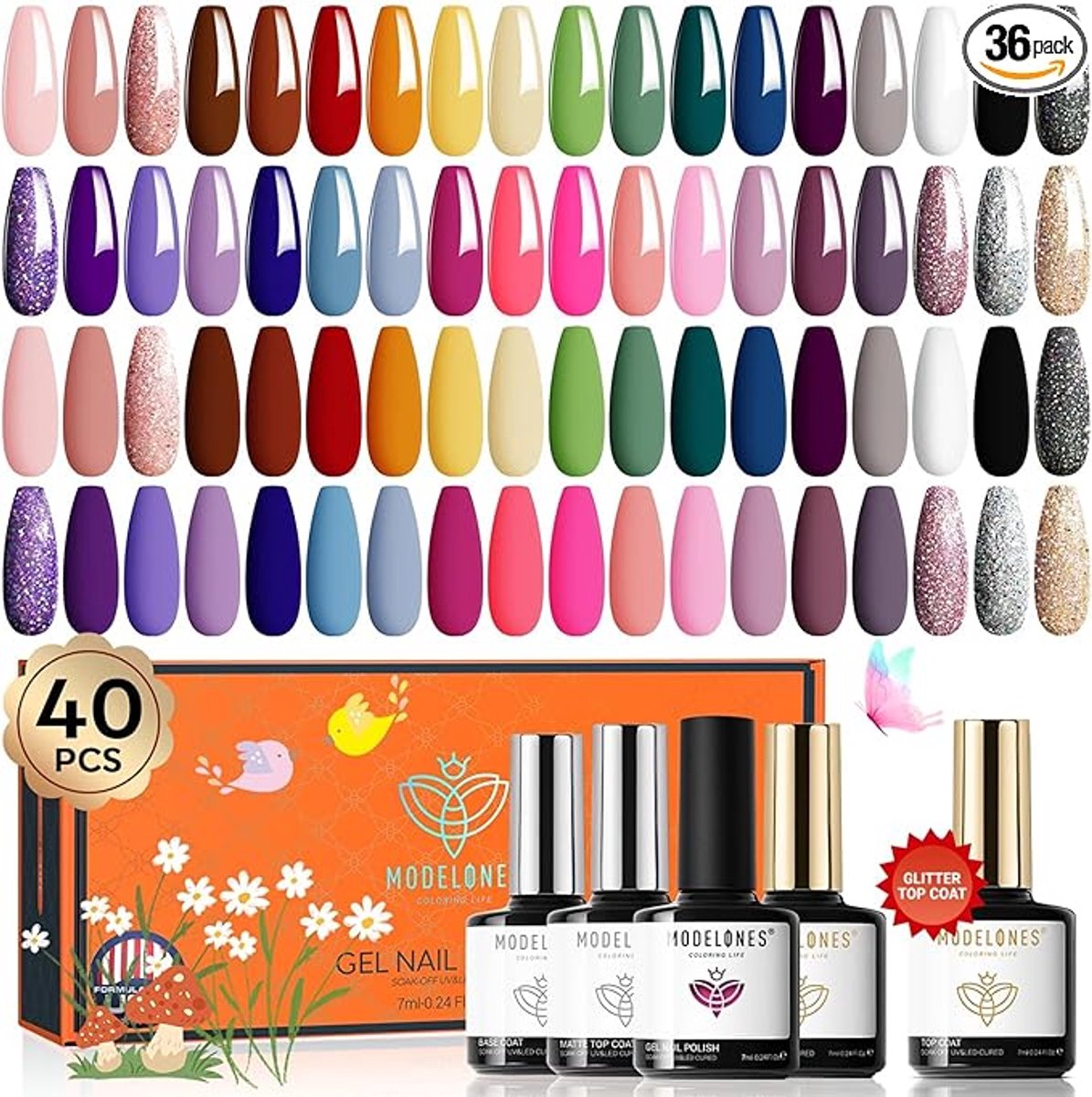 UV Nail Polish Set 40 PCS, 36 Kleuren Rood Glitter Roze Wit Zwart