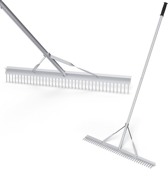 Aluminium hark met 91 cm werkbreedte en 36 tanden, op een witte achtergrond. De steel is 174 cm lang.
