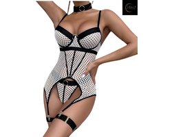Sexy Lingerieset – Lingerie Erotisch – Zeer stevige goede kwaliteit– Sensueel & Krachtig – Verleidelijk – Witte bodystocking met jarretels – BDSM – Verstelbare bandjes –Kinky – Bustierset – Elastiek – Festival outfit – Sexy clubwear – Maat XL