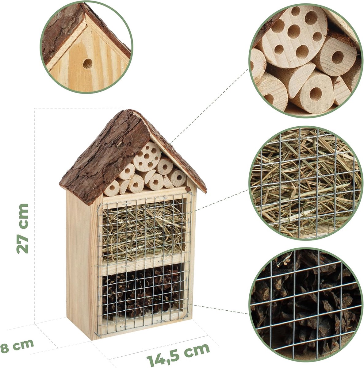 BOGATECO Insectenhotel van Massief Hout - Bijenhotel met Houten Dak - Nestkast voor Wilde Bijen & Lieveheersbeestjes - Nisthulp voor Wandmontage