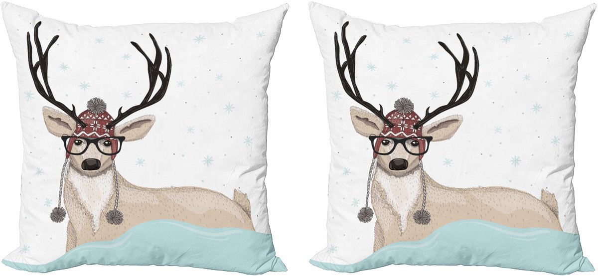 ABAKUHAUS Kerstkussenhoez set van 2, Hipster hert met bril, 60x60 cm, Blauw, Wit, Beige