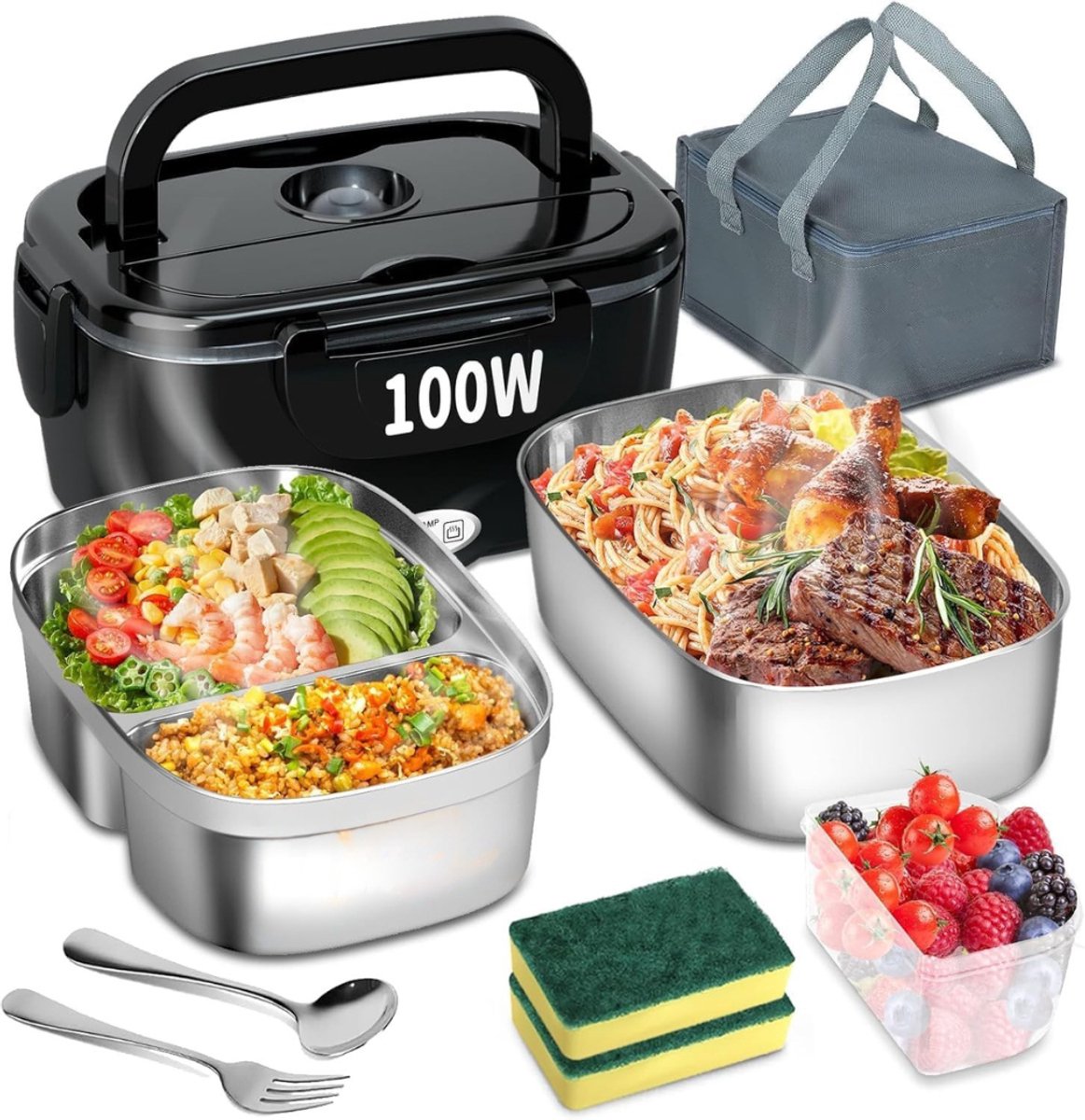 Core® Elektrische Lunchbox - Lunchbox Elektrisch - Broodtrommel Elektrisch - 3 in 1 - 1.5L- Zwart - 26cm x 19cm x 14cm