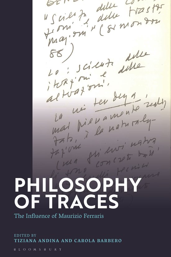 Couverture de livre avec le titre "PHILOSOPHY OF TRACES" et du texte manuscrit.