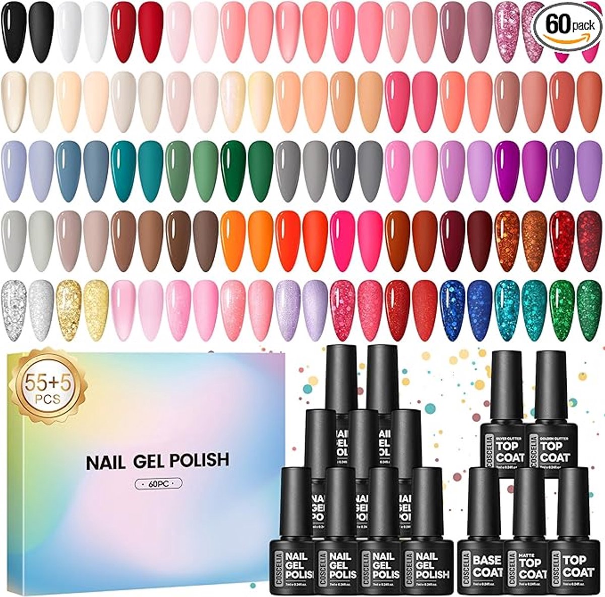 UV Nagellak, 60 Stuks Gel Nagellak Set met Base Coat