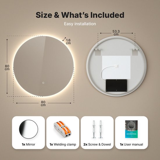Mirlux Miroir de Salle de Bain avec Siècle des Lumières LED et Chauffage - Miroir Mural Rond - Miroir de Douche Anti Condensation - 80CM