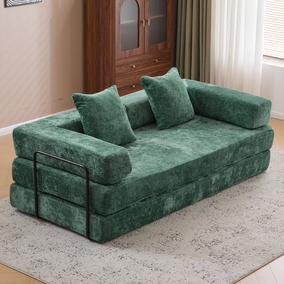 Vankel Multifunctionele Chenille Slaapbank – Slaapbank met Vast Frame – Opvouwbaar, Met 2 Kussens en Armleuningen – Comfortabel 4-in-1 Ontwerp – Voor 2 Personen – Bank, Lounger, Logeerbed – Geschikt voor Appartementen of Kleine Ruimtes - Donkergroen