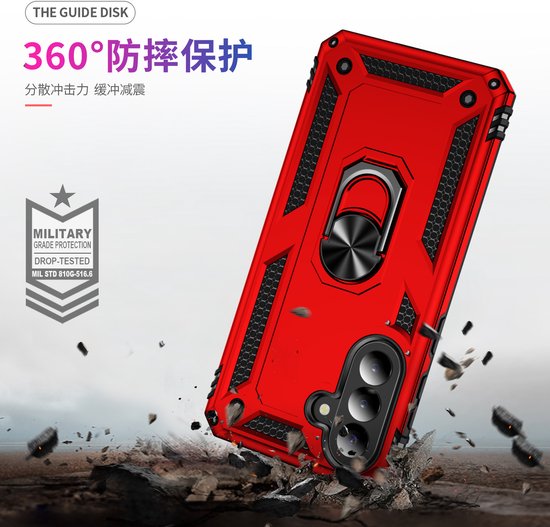 Rode Samsung A57 5G hoes met 360 graden bescherming en ring. Militaire kwaliteit, val-getest.