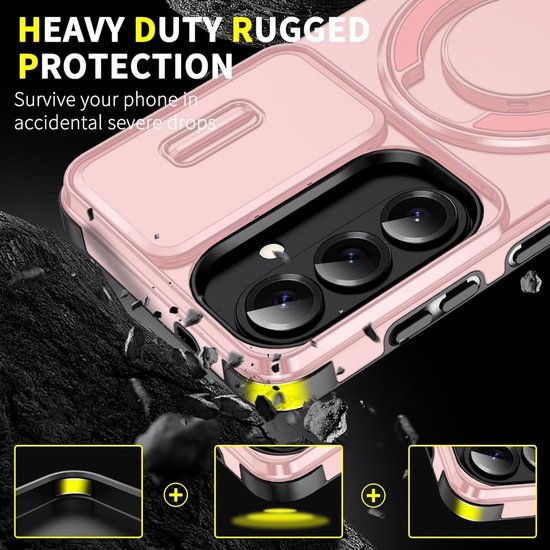 Roze telefoonhoes met ringstandaard, toont zware bescherming tegen vallen.