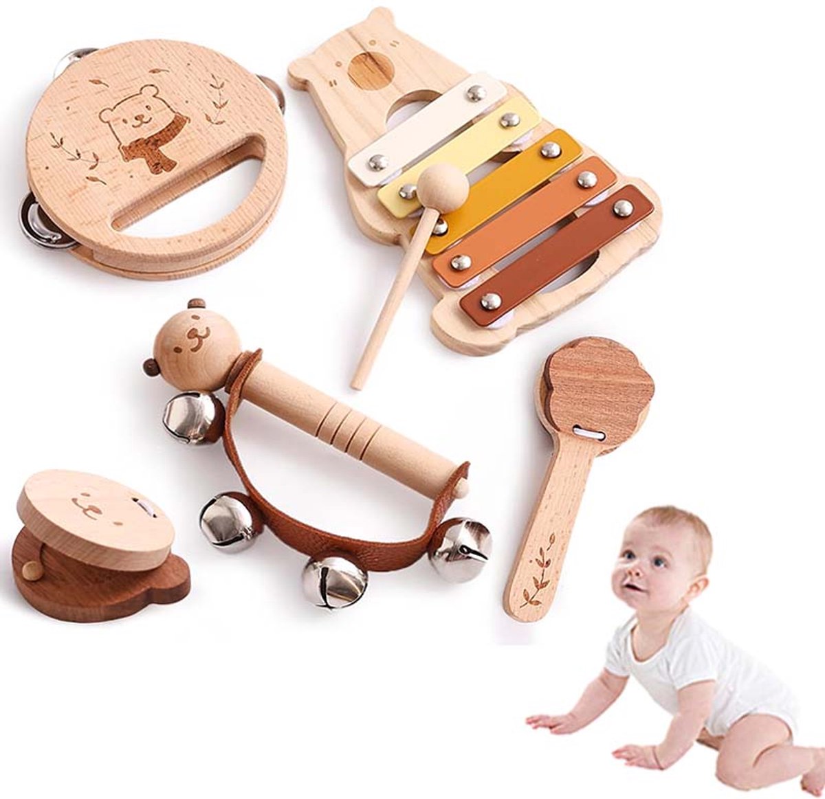 5 Stuks Kinder Houten Muziekinstrument Speelgoed - Baby Muziekinstrument - Baby Muziek Verlichting Speelgoed - Drum Violin Speelgoed