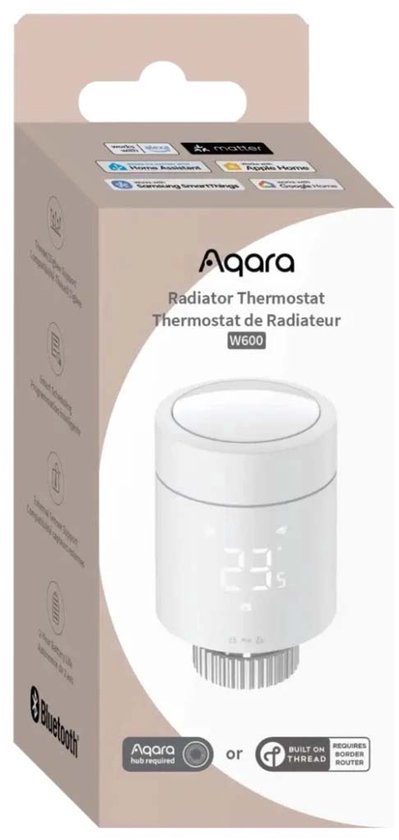 Doos van de Aqara Radiator Thermostaat W600 met een afbeelding van de witte thermostaat en compatibiliteitslogo's.